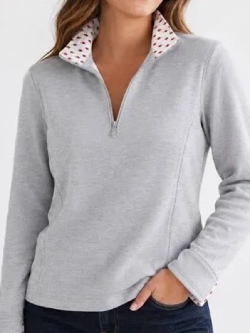 Orvis Light Gray Half-Zip V-Neck Sweater with Printed Collar
